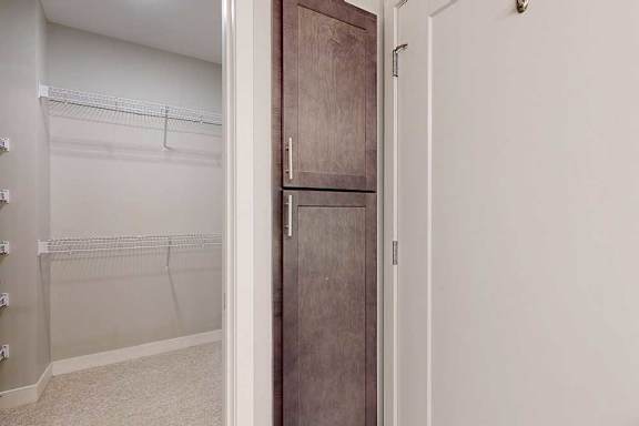 A bathroom with an attached walk-in closet, and a closed linen storage cabinet.