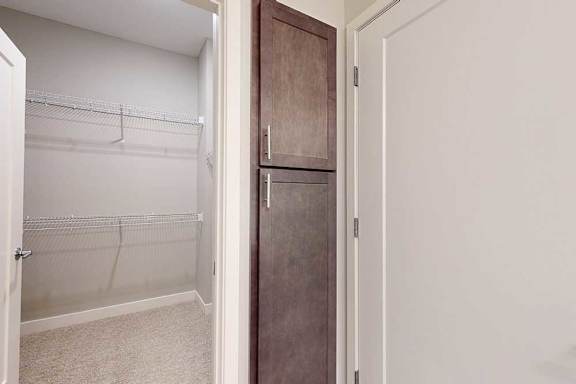 A linen closet next to a walk-in closet.