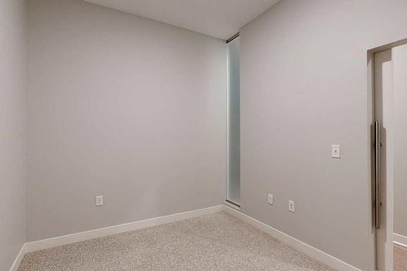 A carpeted sleeping area with a barn door.
