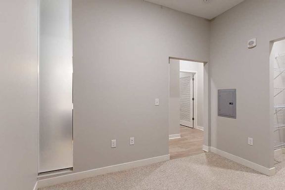 A carpeted sleeping area with a barn door.