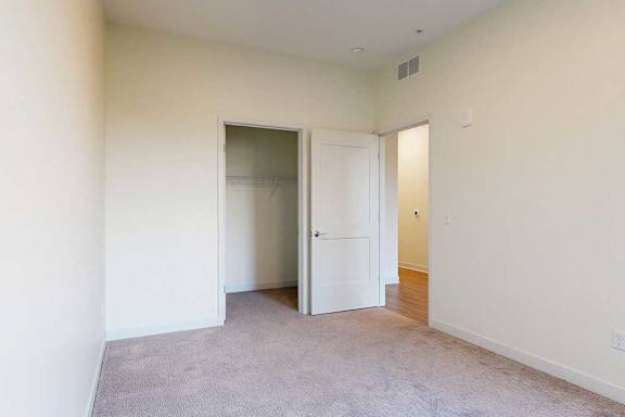 A room with a carpeted floor and a white door to the closet