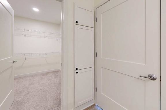 Open door revealing a spacious closet with beige carpet and empty wire shelving. White walls and cabinetry create a clean, minimalist feel.