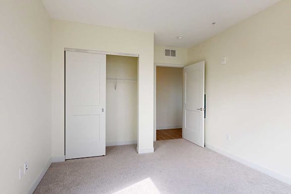 A room with two white doors and a carpeted floor.