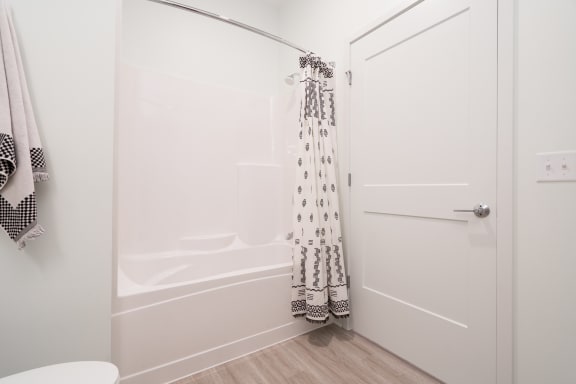 Shower and tub combo with grey decorated shower curtain