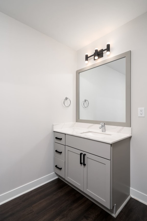 bathroom vanity and sink with large mirror above and towel ring on the left