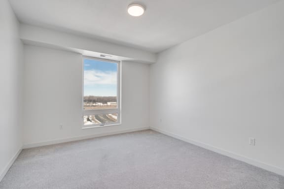 Spacious carpeted bedroom with large window allowing a lot of natural light in at The Rowan apartments