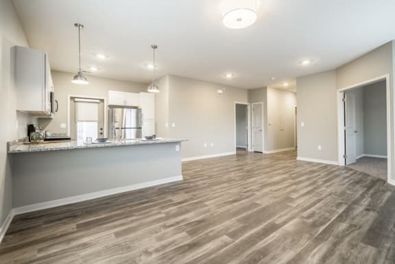 Contemporary design scheme showcasing open layout with living room and kitchen at The Villas at Falling Waters