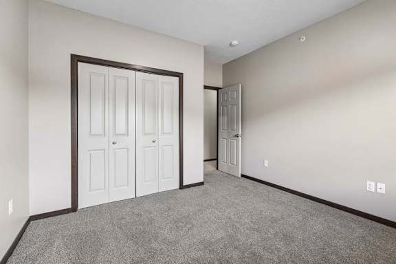 Bedroom with gray carpet, neutral walls, and double-door closet in a bright apartment interior.