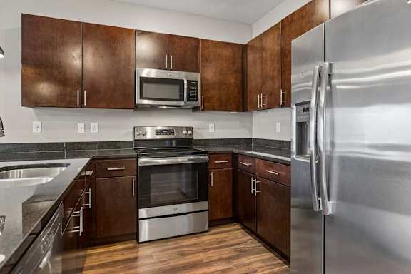 Contemporary kitchen with dark wood cabinetry, stainless steel appliances, tile backsplash, and wood-look flooring.