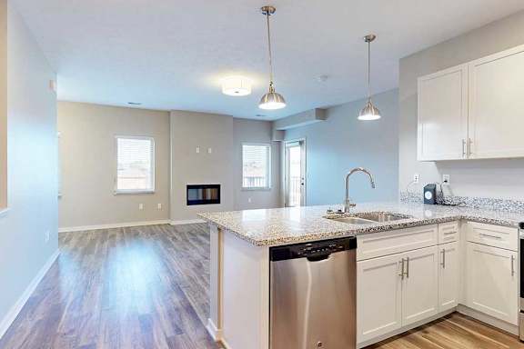 A kitchen with a stainless steel dishwasher and a granite countertop.