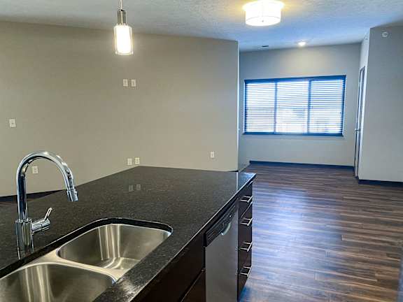 A kitchen with a sink and a window.