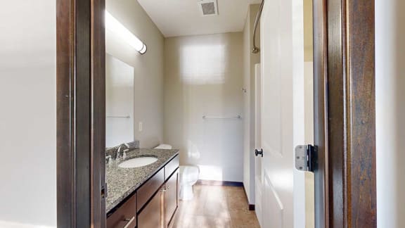 a bathroom with a sink and a shower and a mirror