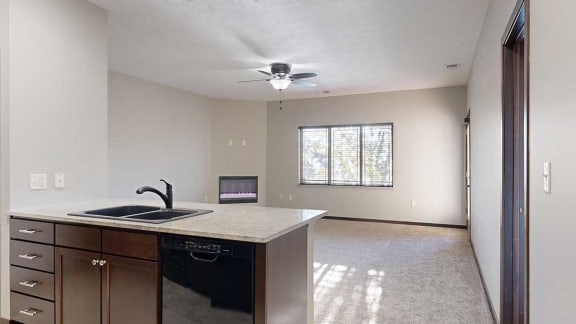 a kitchen countertop with a double-bowl sink in front of a large living room