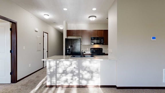 a kitchen with granite countertops, dark cabinets, and black appliances across from a coat closet
