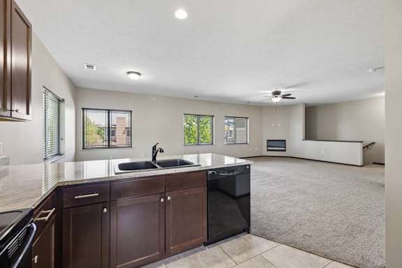 Spacious apartment living room with carpet, ceiling fan, multiple windows, fireplace, and open kitchen.