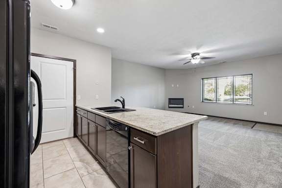A kitchen with a black refrigerator and a marble countertop.