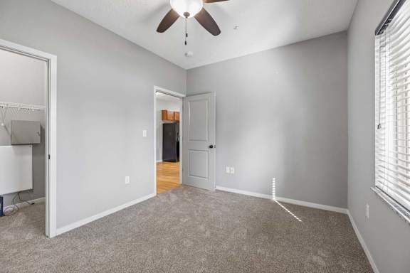 Empty apartment bedroom with carpet, ceiling fan, gray walls, window with blinds, and closet access.