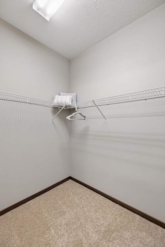 Walk-in apartment closet with carpet, high ceiling, and white wire shelving along two walls.