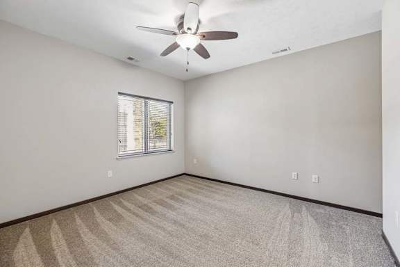 Empty apartment bedroom with carpet, ceiling fan, gray walls, and a window with blinds for natural light.