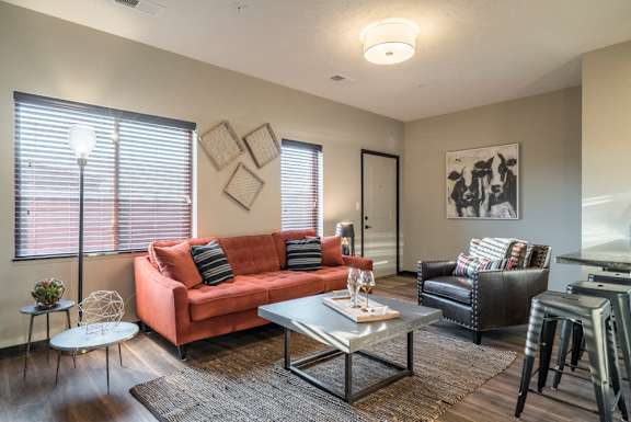 Living room with lots of natural lighting and modern light fixtures at The Villas at Mahoney Park