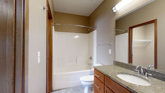 a bathroom with a shower and tub, toilet, vanity sink, and a mirror