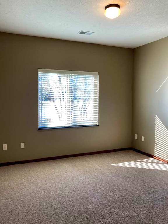 A carpeted bedroom with a window and blinds.