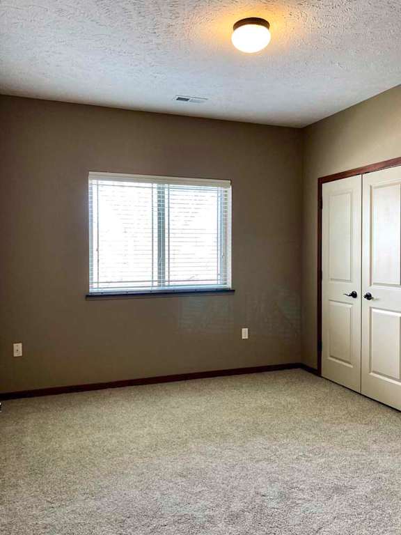 A bedroom with a window and two side-by-side closets.