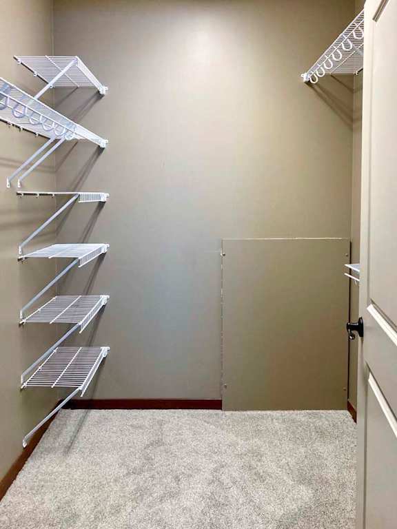 A spacious walk-in closet in the primary bedroom with built-in shelves.