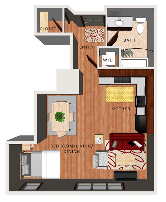 A floor plan of a studio apartment with a kitchen, dining room, bathroom, and closet.