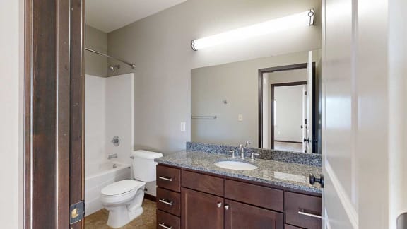 a bathroom with a granite vanity sink, overhead lighting, and a mirror