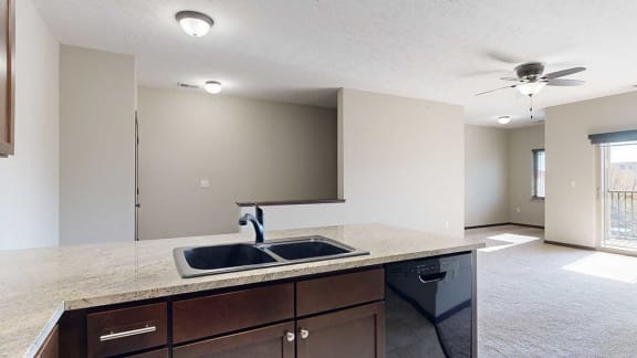 a swanstone double sink in a granite kitchen peninsula countertop