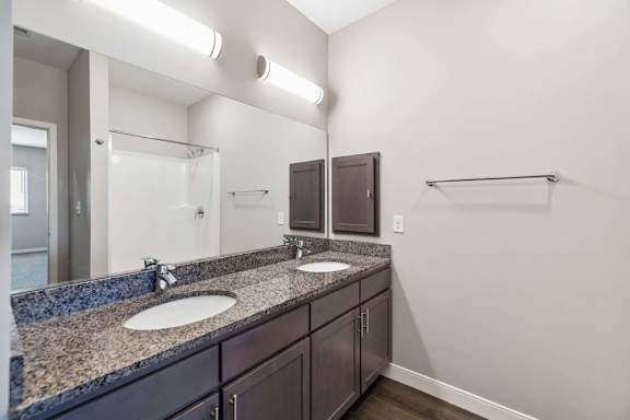 Apartment bathroom with a double-sink vanity, dark cabinetry, granite-look countertops, a large mirror, and modern lighting with towel bars along the wall.