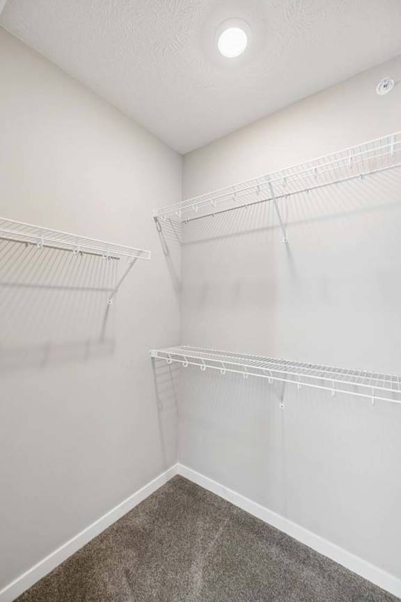 Walk-in apartment closet with built-in wire shelving, carpeted flooring, recessed lighting, and generous hanging space for clothing and storage.