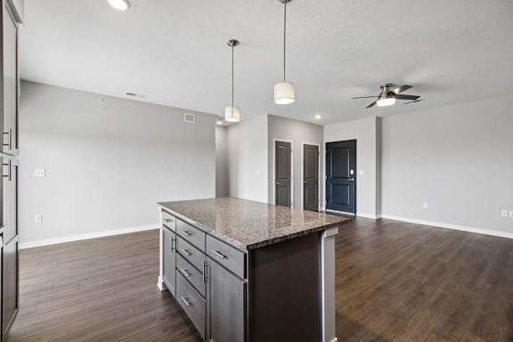 Open-concept apartment kitchen with a large island, granite-look countertops, pendant lighting, and dark cabinetry, flowing into a spacious living area with wood-style flooring and a ceiling fan.