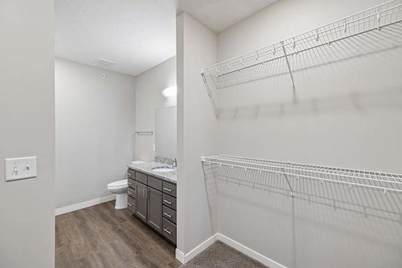 Walk-in apartment closet with built-in wire shelving and an adjacent bathroom featuring a single-sink vanity, dark cabinetry, and wood-style flooring.