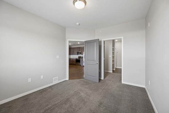 Spacious apartment bedroom with carpeted flooring, neutral walls, and an open layout featuring a walk-in closet and hallway access through gray interior doors.