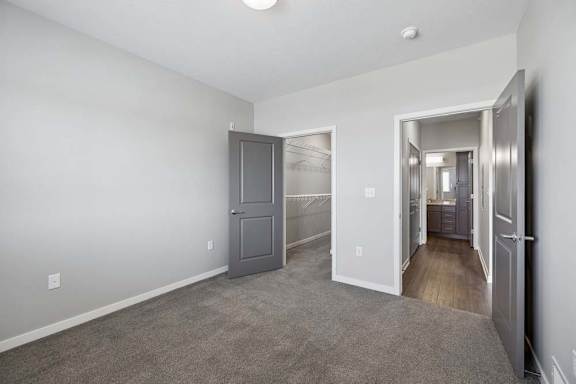 Bright apartment bedroom with carpeted flooring, an open closet with sliding doors, gray interior doors, and access to the adjoining hallway.