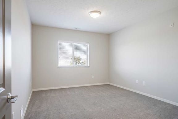 a bedroom with carpeting and natural light from a large window