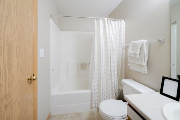 a bathroom with a shower tub combo and a toilet and a sink