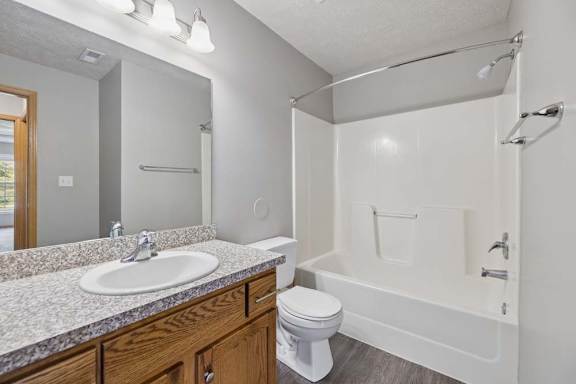 Bright apartment bathroom with a single-sink vanity, tub and shower combination, large mirror, and wood cabinetry.