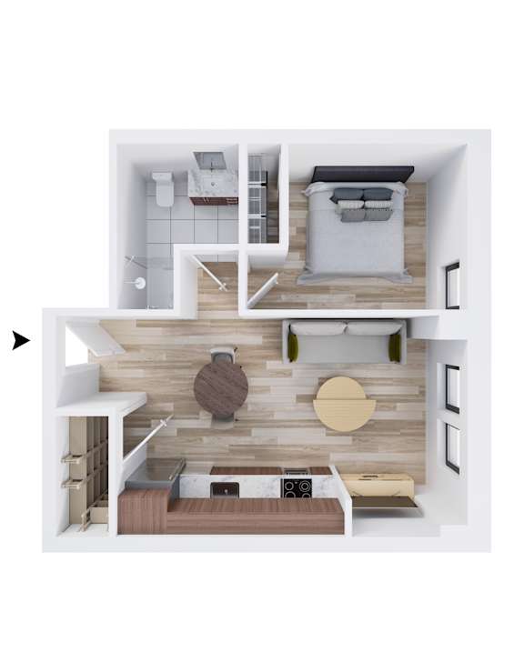 A top-down view of a small apartment with a bedroom, living room, and kitchen.