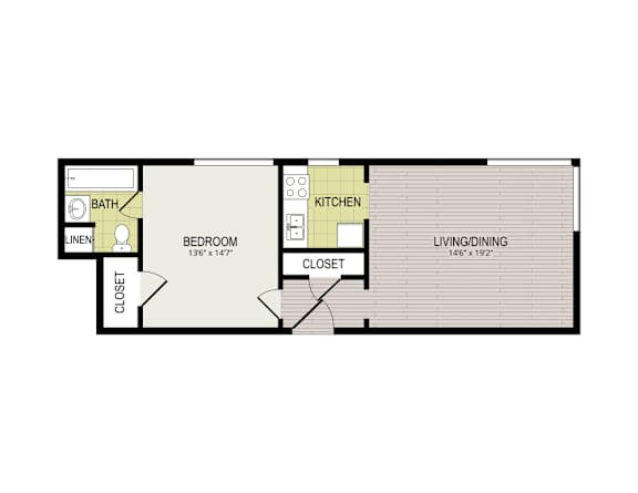 A floor plan of a house with a bedroom, bathroom, kitchen, and living/dining area.