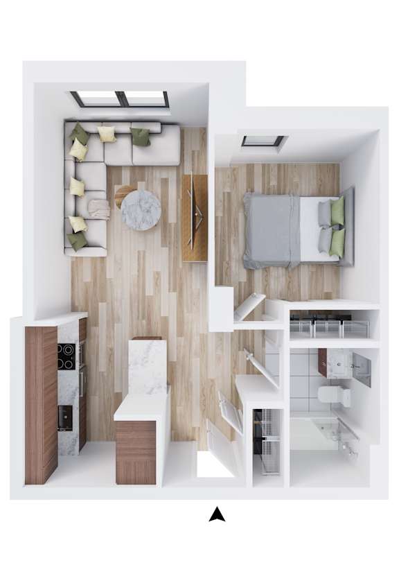 A modern interior design layout with a kitchen, living room, and bedroom.
