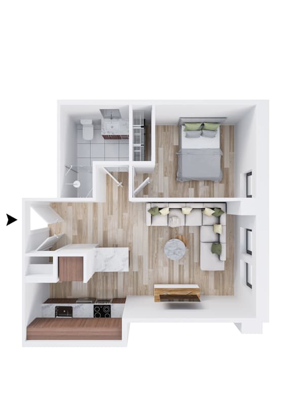 A top-down view of a modern apartment layout with a kitchen, living room, and bedroom.