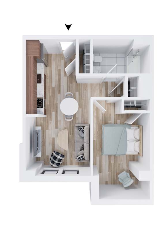 A white and wood bathroom with a toilet, sink, and mirror.