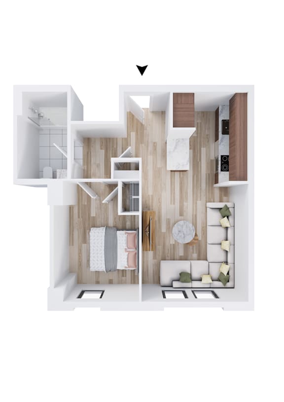 A top down view of a bedroom with a bed, dresser, and shelves.