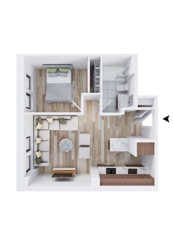 A modern, minimalist apartment layout with a kitchen, living room, and bedroom.