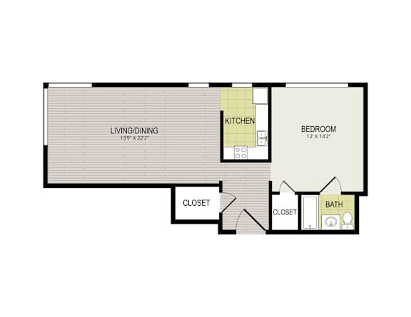 A floor plan of a small apartment with a living/dining area, kitchen, bedroom, and bathroom.