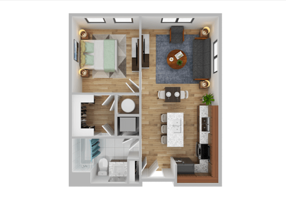 A top-down view of a modern apartment layout with a kitchen, living room, dining area, and bathroom.