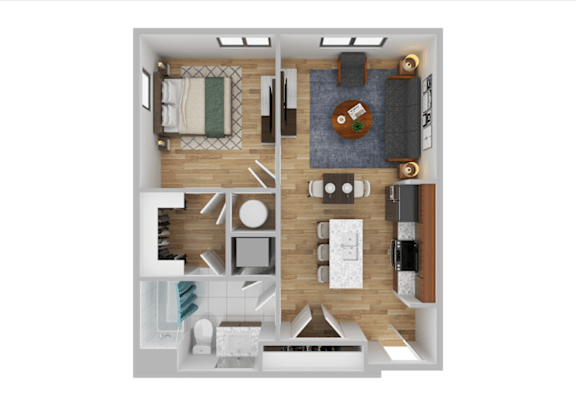 A top-down view of a modern apartment layout with a kitchen, living room, and bedrooms.
